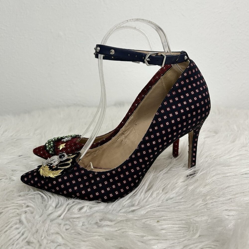 Sam Edelman Two-Tone Embellished Ankle-Strap Pointed Heels in Red and Navy - Picture 3 of 11